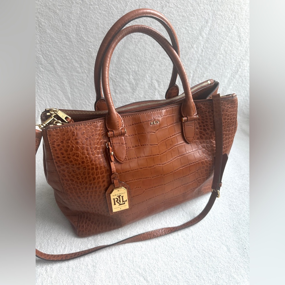 Lauren Ralph Lauren Brown Croc-Embossed Satchel - Picture 3 of 13
